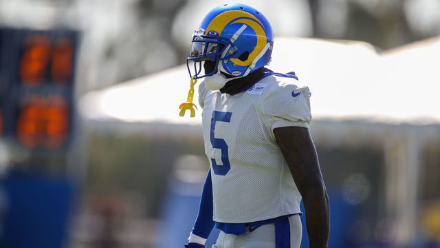 IRVINE, CA - AUGUST 10: Los Angeles Rams cornerback Jalen Ramsey (5) during the Los Angeles Rams camp practice on Wednesday August 10, 2021 in Irvine, CA.