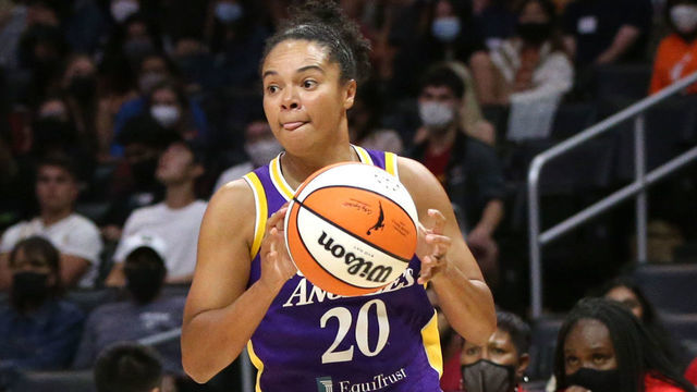 LOS ANGELES, CALIFORNIA - AUGUST 17: Kristi Toliver #20 of the Los Angeles Sparks looks to pass during the second half of a game against the Los Angeles Sparks at Staples Center on August 17, 2021 in Los Angeles, California.