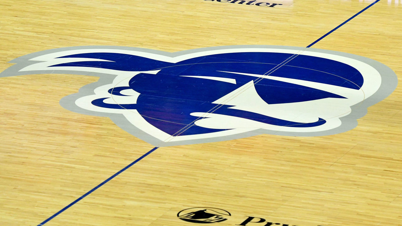 NEWARK, NJ - MARCH 03: The Seton Hall Pirates logo on the floor during a college basketball game against the Connecticut Huskies at the Prudential Center on March 3, 2021 in Newark, New Jersey.