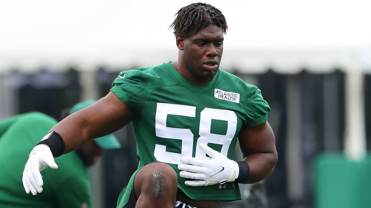 FLORHAM PARK, NJ - JULY 29: Carl Lawson #58 of the New York Jets works out during a morning practice at Atlantic Health Jets Training Center on July 29, 2021 in Florham Park, New Jersey.