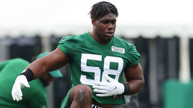 FLORHAM PARK, NJ - JULY 29: Carl Lawson #58 of the New York Jets works out during a morning practice at Atlantic Health Jets Training Center on July 29, 2021 in Florham Park, New Jersey.