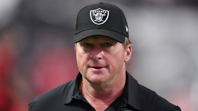 LAS VEGAS, NEVADA - AUGUST 14: Head coach Jon Gruden of the Las Vegas Raiders exits the field during a preseason game against the Seattle Seahawks at Allegiant Stadium on August 14, 2021 in Las Vegas, Nevada. The Raiders defeated the Seahawks 20-7.