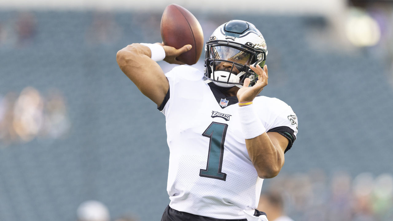 PHILADELPHIA, PA - AUGUST 19: Jalen Hurts #1 of the Philadelphia Eagles warms up prior to the preseason game against the New England Patriots at Lincoln Financial Field on August 19, 2021 in Philadelphia, Pennsylvania. The Patriots defeated the Eagles 35-0.
