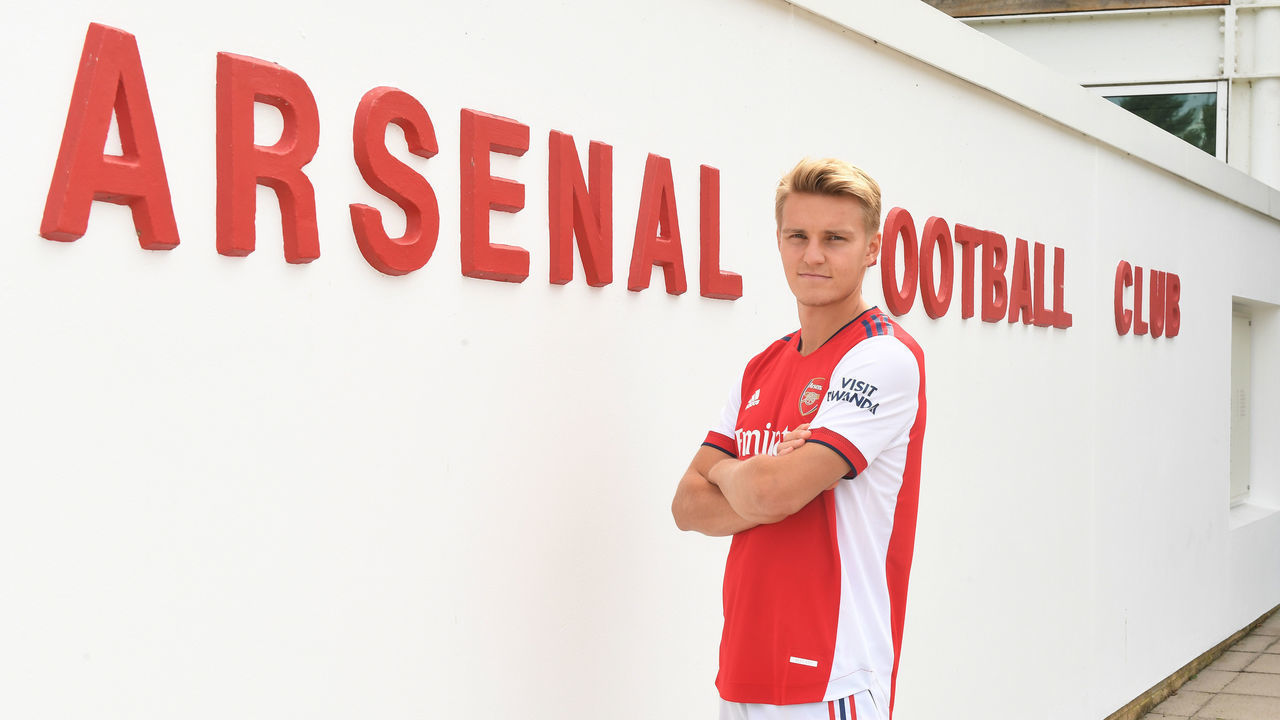 ST ALBANS, ENGLAND - AUGUST 20: Arsenal unveil new signing Martin Odegaard at London Colney on August 20, 2021 in St Albans, England.