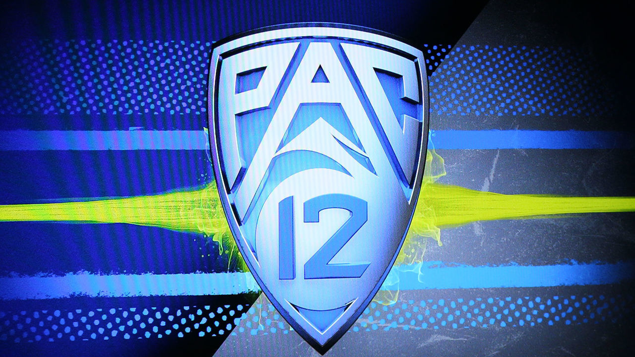 HOLLYWOOD, CA - JULY 27: PAC-12 Media Day logo on a television screen during the Pac-12 Football Media Day on July 27, 2021, at the W Hotel in Hollywood, CA.