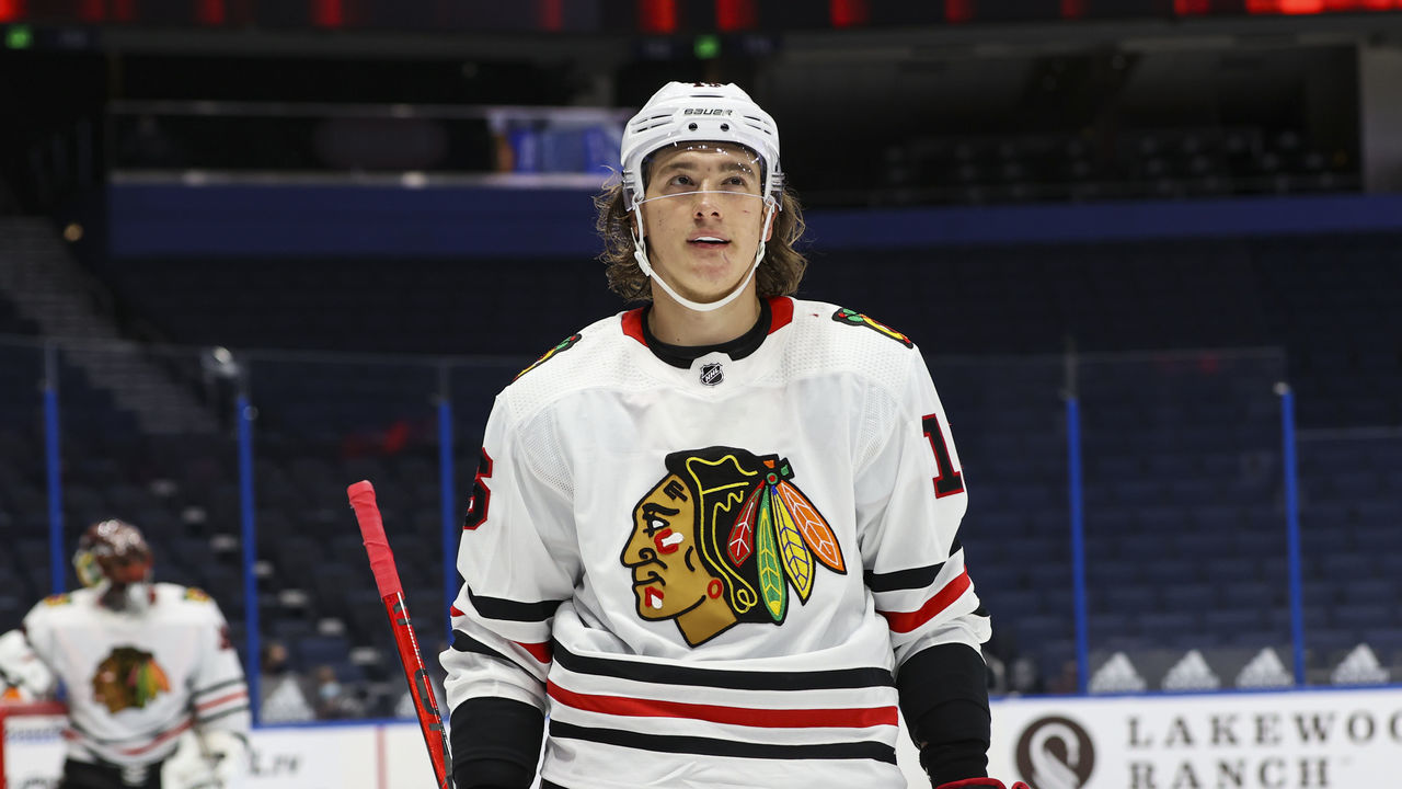 TAMPA, FL - JANUARY 13: Nikita Zadorov #16 of the Chicago Blackhawks against Tampa Bay Lightning at Amalie Arena on January 13, 2021 in Tampa, Florida. "n