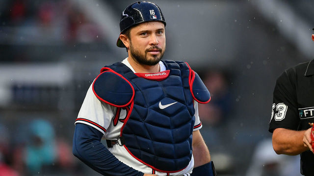ATLANTA, GA AUGUST 11: Atlanta catcher Travis d'Arnaud (16) reacts after a called third strike during the MLB game between the Cincinnati Reds and the Atlanta Braves on August 11th, 2021 at Truist Park in Atlanta, GA.