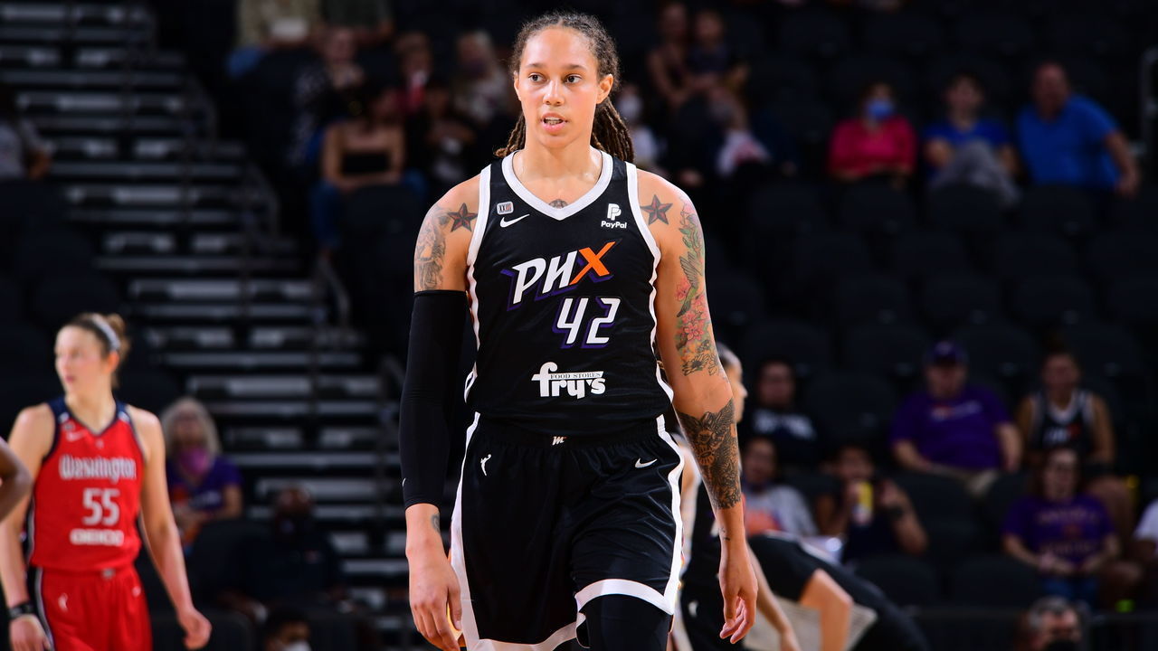 PHOENIX, AZ - AUGUST 19: Brittney Griner #42 of the Phoenix Mercury looks on during the game against the Washington Mystics on August 19, 2021 at Phoenix Suns Arena in Phoenix, Arizona. Mandatory Copyright Notice: Copyright 2021 NBAE