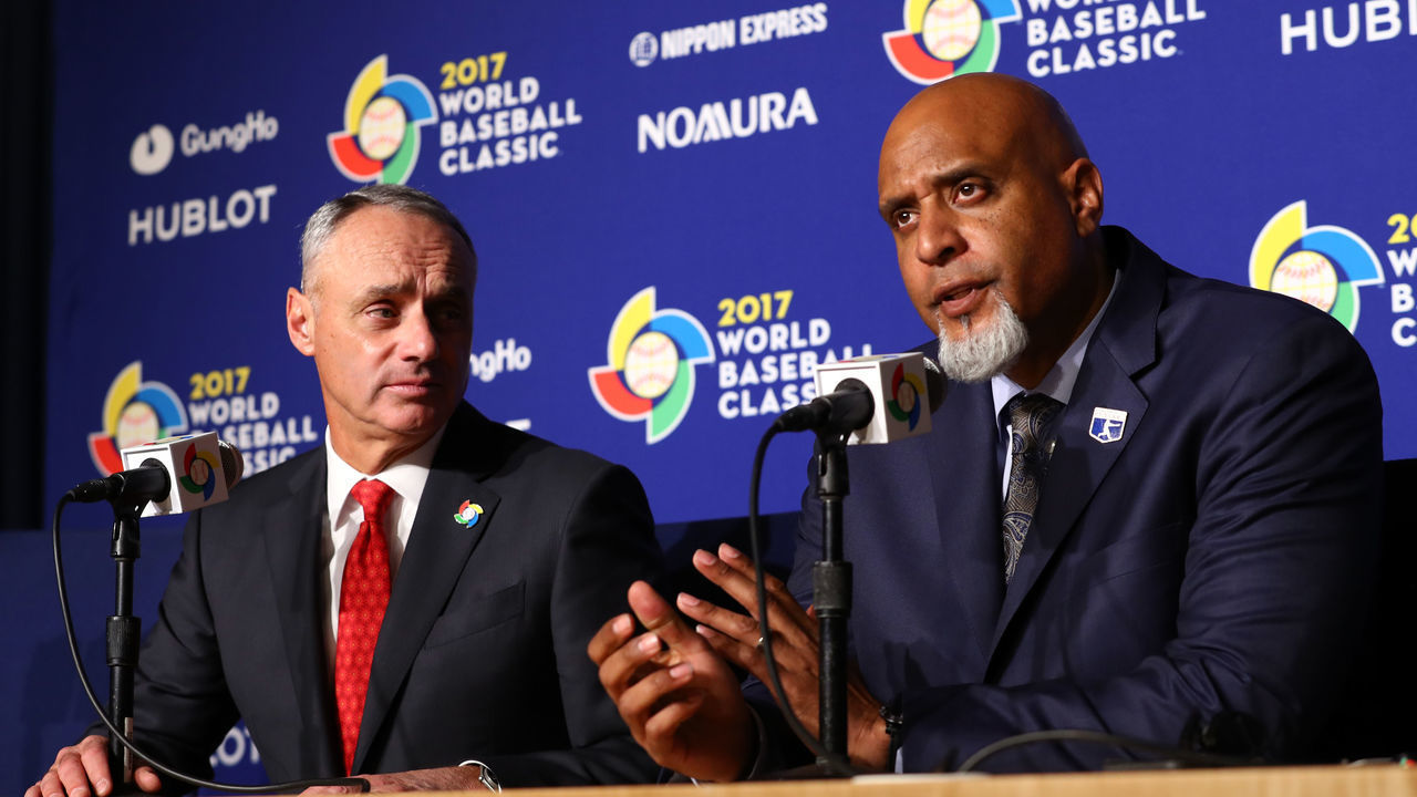 LOS ANGELES, CA - MARCH 22: Major League Baseball Commissioner Robert D. Manfred Jr. and Major League Baseball Players Association Executive Director Tony Clark speak during a press conference before Game 3 of the Championship Round of the 2017 World Baseball Classic between Team USA and Team Puerto Rico on Wednesday, March 22, 2017 at Dodger Stadium in Los Angeles, California.