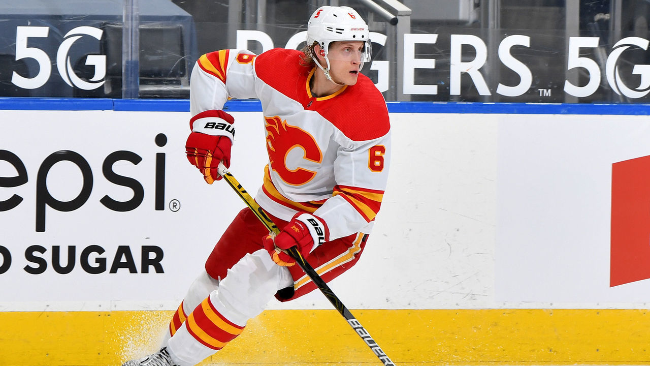 EDMONTON, AB - MAY 1: Juuso Valimaki #6 of the Calgary Flames skates during the game against the Edmonton Oilers on May 1, 2021 at Rogers Place in Edmonton, Alberta, Canada.