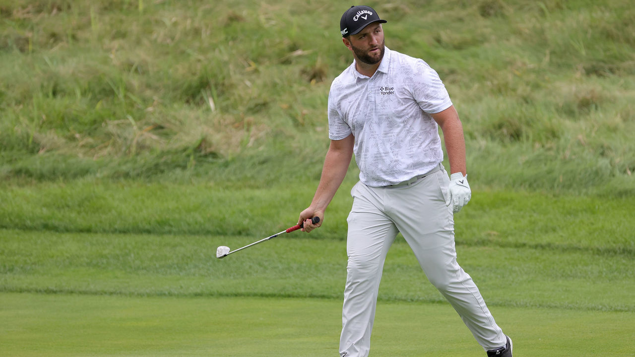 JERSEY CITY, NEW JERSEY - AUGUST 20: Jon Rahm of Spain plays his third shot on the 15th hole during the second round of THE NORTHERN TRUST, the first event of the FedExCup Playoffs, at Liberty National Golf Club on August 20, 2021 in Jersey City, New Jersey.