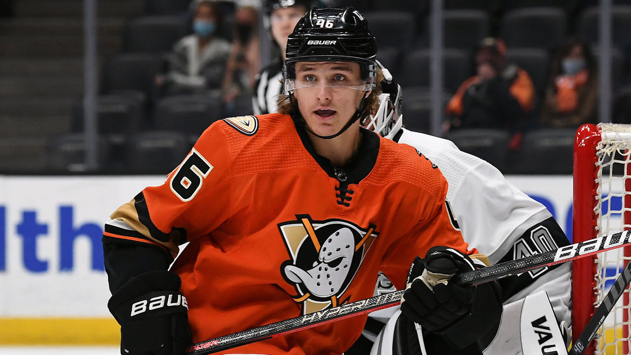 ANAHEIM, CA - MAY 01: Anaheim Ducks center Trevor Zegras (46) takes a position near the Los Angeles Kings goal during a game against the Kings played on May 1, 2021 at the Honda Center in Anaheim, CA.