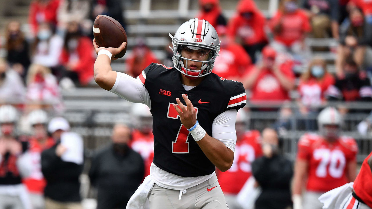 COLUMBUS, OH - APRIL 17: Quarterback C.J. Stroud #7 of the Ohio State Buckeyes in action during the Spring Game at Ohio Stadium on April 17, 2021 in Columbus, Ohio.