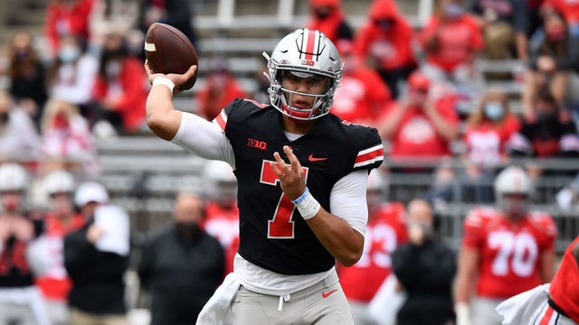 COLUMBUS, OH - APRIL 17: Quarterback C.J. Stroud #7 of the Ohio State Buckeyes in action during the Spring Game at Ohio Stadium on April 17, 2021 in Columbus, Ohio.