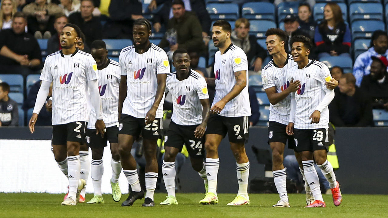 Fabio Carvalho of Fulham celebrates his goal during the Sky Bet Championship match between Millwall and Fulham at The Den, London on Tuesday 17th August 2021.