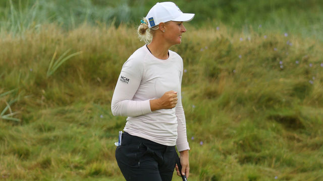 CARNOUSTIE, SCOTLAND - AUGUST 21: Anna Nordqvist of Sweden reacts at the 15th green during Day Three of the AIG Women's Open at Carnoustie Golf Links on August 21, 2021 in Carnoustie, Scotland.