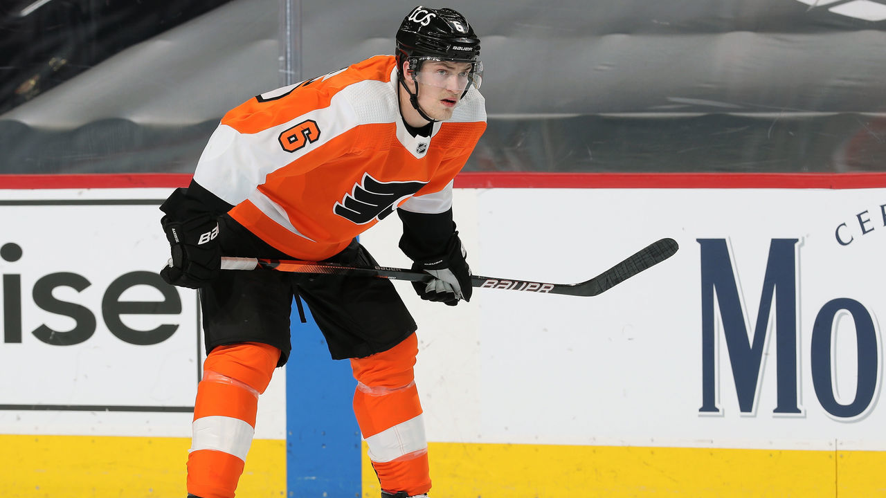 PHILADELPHIA, PA - APRIL 06: Travis Sanheim #6 of the Philadelphia Flyers looks on against the Boston Bruins at the Wells Fargo Center on April 6, 2021 in Philadelphia, Pennsylvania.