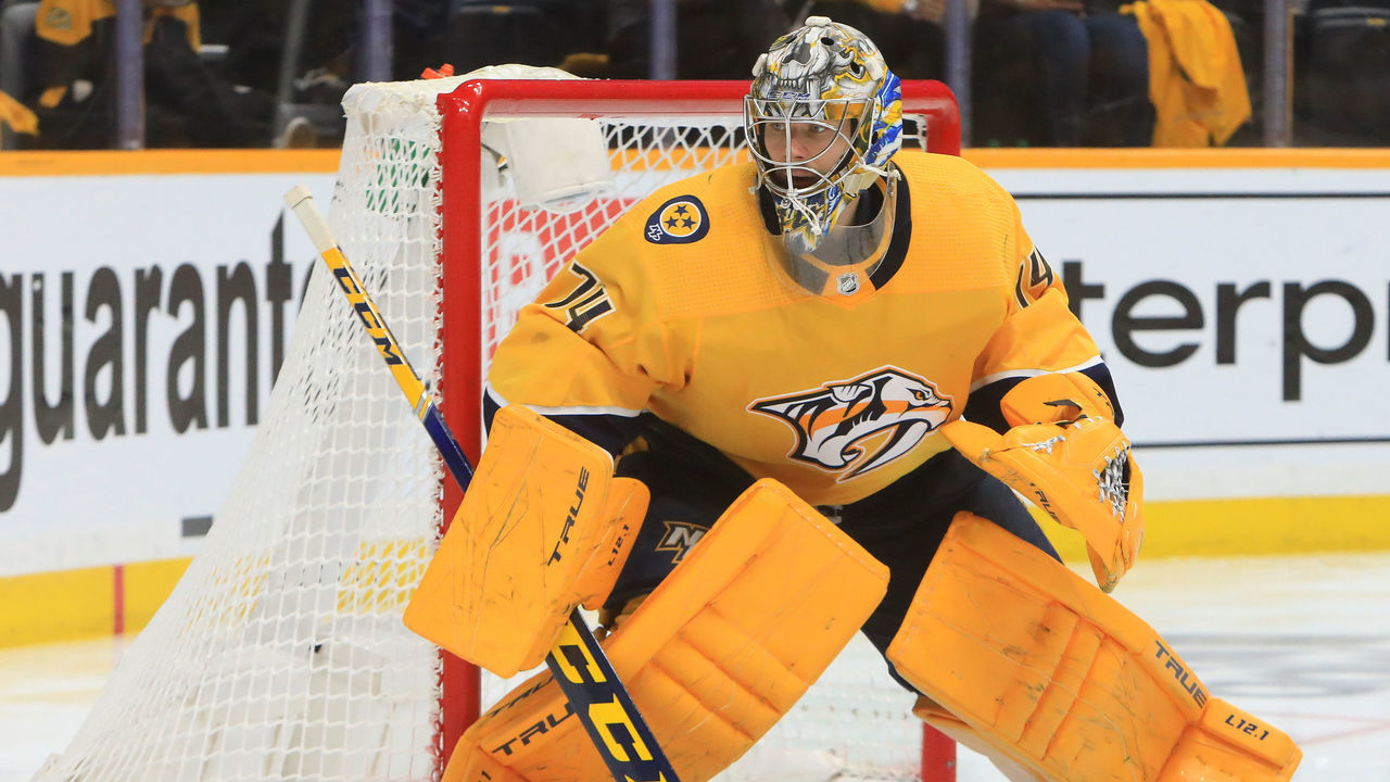 NASHVILLE, TN - MAY 27: Nashville Predators goalie Juuse Saros (74), of Finland, is shown during Game 6 of the first round of the Stanley Cup Playoffs between the Nashville Predators and Carolina Hurricanes, held on May 27, 2021, at Bridgestone Arena in Nashville, Tennessee.