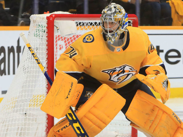 NASHVILLE, TN - MAY 27: Nashville Predators goalie Juuse Saros (74), of Finland, is shown during Game 6 of the first round of the Stanley Cup Playoffs between the Nashville Predators and Carolina Hurricanes, held on May 27, 2021, at Bridgestone Arena in Nashville, Tennessee.