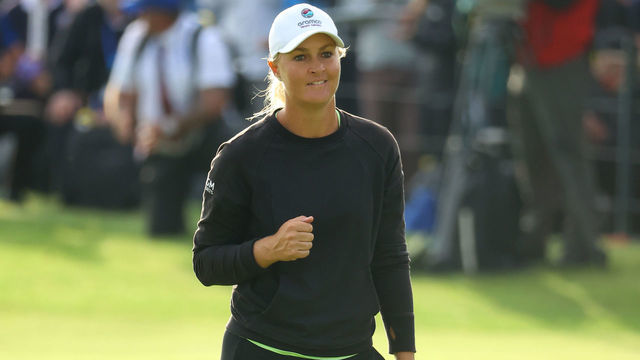 CARNOUSTIE, SCOTLAND - AUGUST 22: Anna Nordqvist of Sweden on the celebrates 18th green during the final round of the AIG Women's Open at Carnoustie Golf Links on August 22, 2021 in Carnoustie, Scotland.