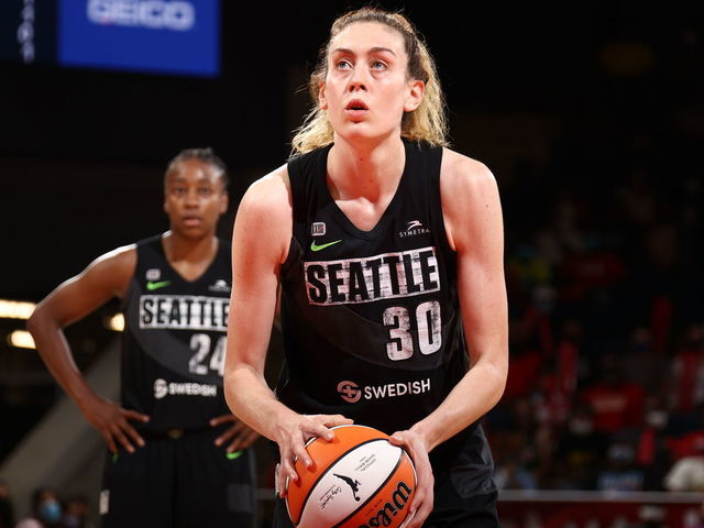 WASHINGTON, DC - AUGUST 22: Breanna Stewart #30 of the Seattle Storm looks on during the game against the Washington Mystics on August 22, 2021 at the Entertainment & Sports Arena in Washington, DC. Mandatory Copyright Notice: Copyright 2021 NBAE