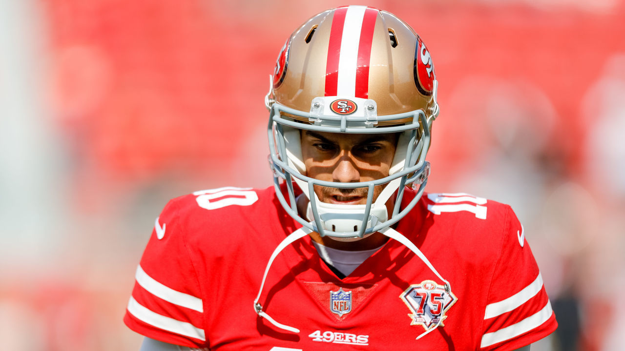 SANTA CLARA, CA - AUGUST 14: San Francisco 49ers quarterback Jimmy Garoppolo (10) takes snaps before the NFL pro preseason football game between the Kansas City Chiefs and San Francisco 49ers on August 14, 2021 at Levis Stadium in Santa Clara, CA.
