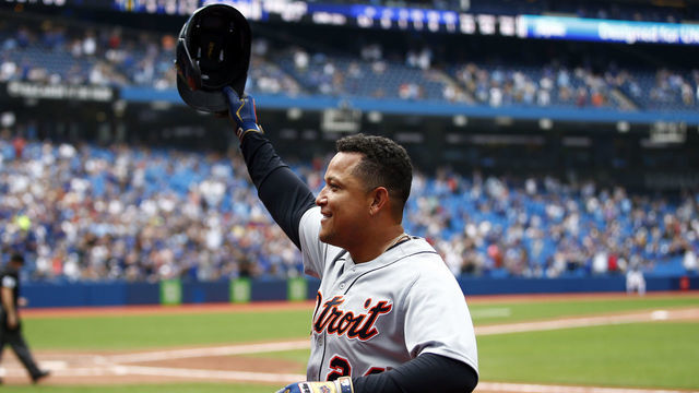 TORONTO, ON - AUGUST 22: Miguel Cabrera #24 of the Detroit Tigers celebrates after hitting his 500th career home run in the sixth inning during a MLB game against the Toronto Blue Jays at Rogers Centre on August 22, 2021 in Toronto, Ontario, Canada.