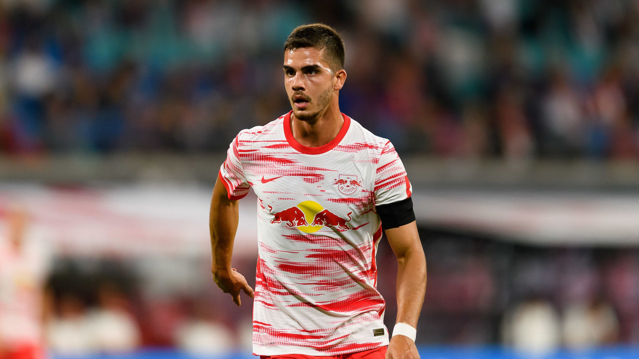 LEIPZIG, GERMANY - AUGUST 20: (BILD ZEITUNG OUT) Andre da Silva of RB Leipzig looks on during the Bundesliga match between RB Leipzig and VfB Stuttgart at Red Bull Arena on August 20, 2021 in Leipzig, Germany.