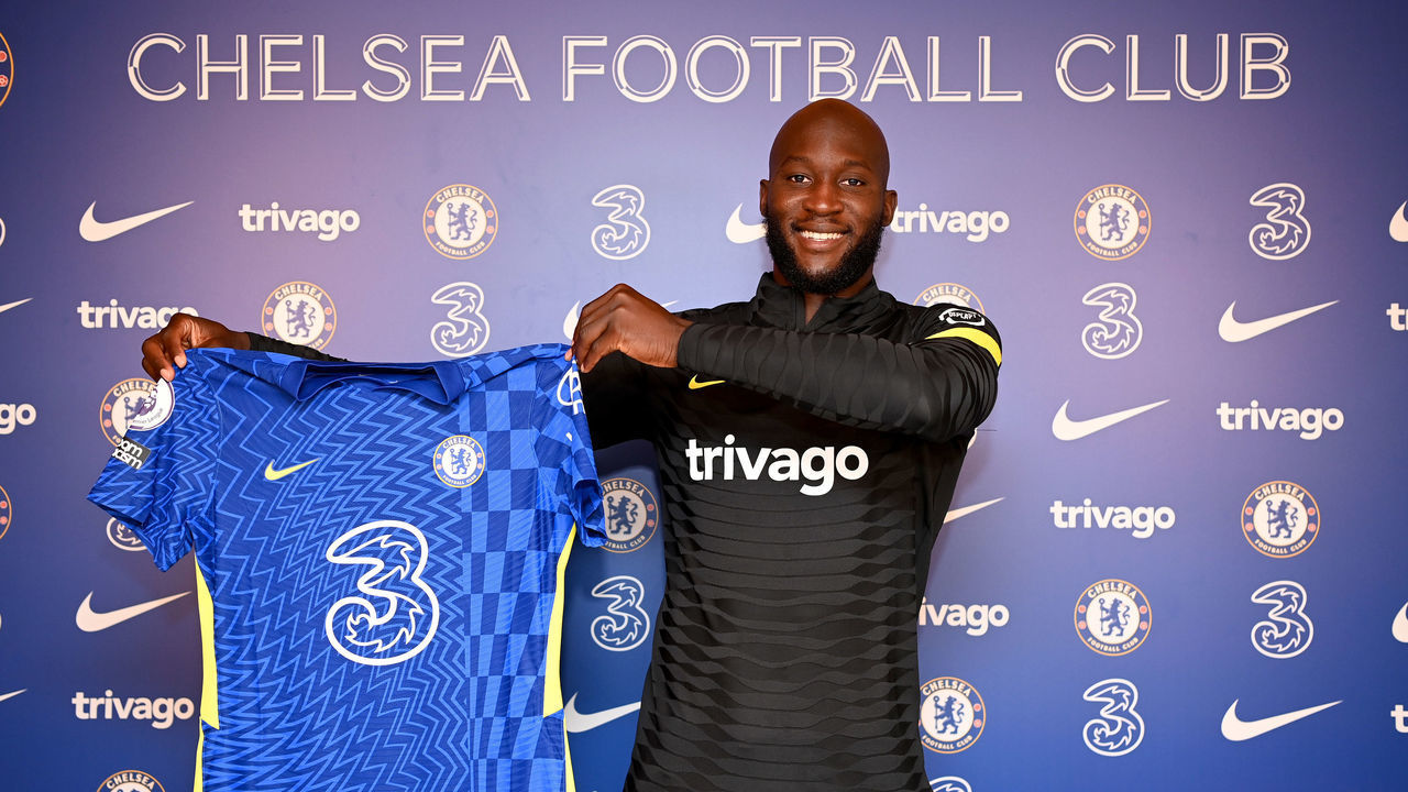 COBHAM, ENGLAND - AUGUST 16: Romelu Lukaku of Chelsea during his unveiling as a Chelsea player at Chelsea Training Ground on August 16, 2021 in Cobham, England.