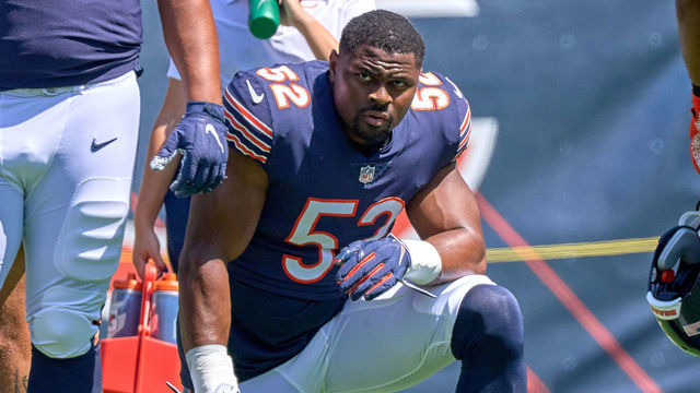 CHICAGO, IL - AUGUST 14: Chicago Bears outside linebacker Khalil Mack (52) looks on during a preseason game between the Chicago Bears and the Miami Dolphins on August 14, 2021 at Soldier Field in Chicago, IL.