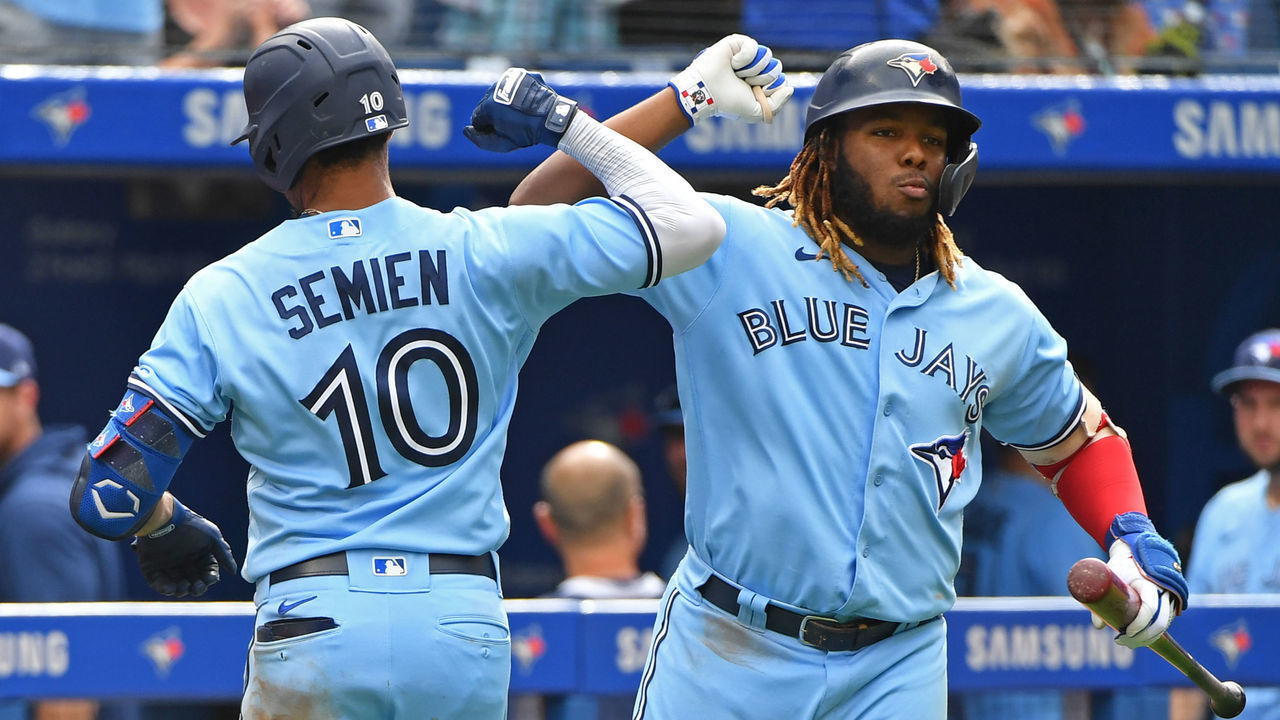 TORONTO, ON - AUGUST 21: Toronto Blue Jays Infield Marcus Semien (10) celebrates his home run with Toronto Blue Jays First base Vladimir Guerrero Jr. (27) during the regular season MLB game between the Detroit Tigers and Toronto Blue Jays on August 21, 2021 at Rogers Centre in Toronto, ON.