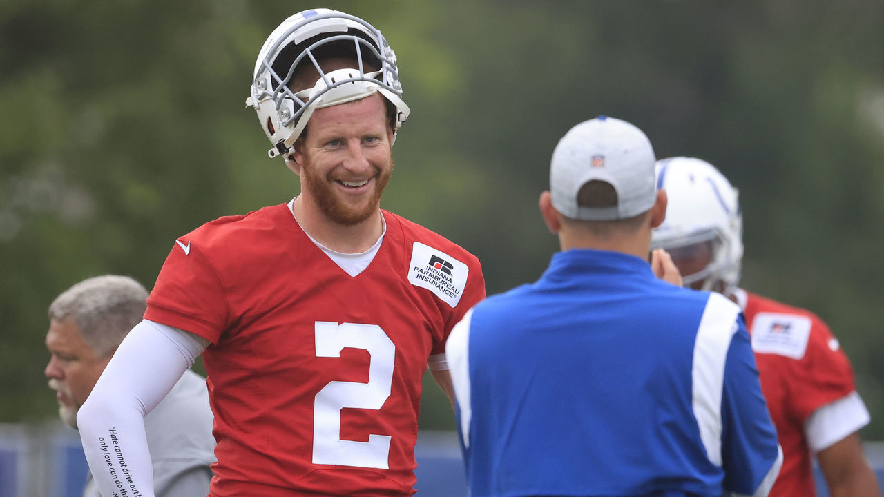 WESTFIELD, INDIANA - JULY 29: Carson Wentz #2 of the Indianapolis Colts on the field during the Indianapolis Colts Training Camp at Grand Park on July 29, 2021 in Westfield, Indiana.