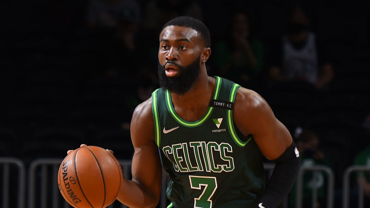 BOSTON, MA - MAY 2: Jaylen Brown #7 of the Boston Celtics handles the ball against the Portland Trail Blazers on May 2, 2021 at the TD Garden in Boston, Massachusetts. Mandatory Copyright Notice: Copyright 2021 NBAE