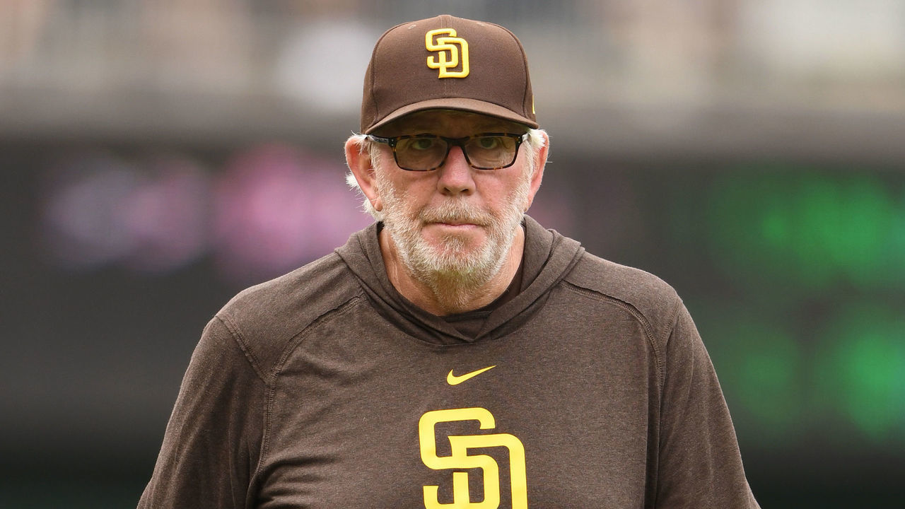 WASHINGTON, DC - JULY 18: Pitching coach Larry Rothschild #38 of the San Diego Padres walks back to the dug out a baseball game against the Washington Nationals at Nationals Park on July 18, 2021 in Washington, DC.