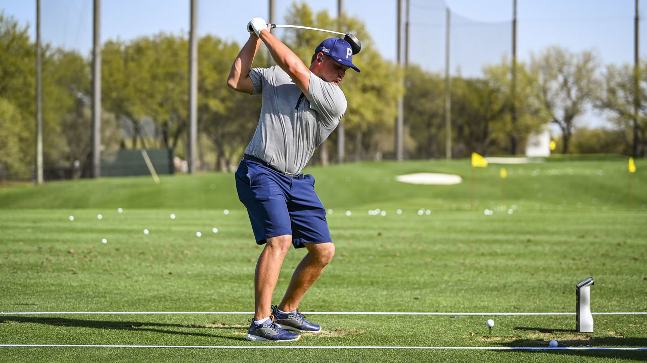 AUSTIN, TX - MARCH 23: Bryson DeChambeau hits a driver on the range prior to the World Golf Championships-Dell Technologies Match Play at Austin Country Club on March 23, 2021 in Austin, Texas.
