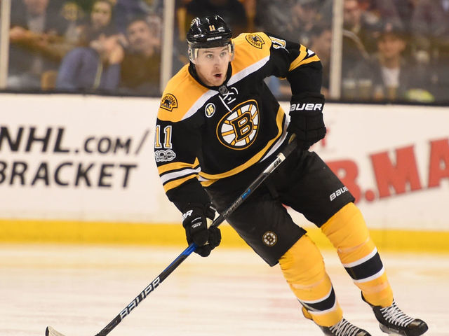 BOSTON, MA - MARCH 30: Jimmy Hayes #11 of the Boston Bruins skates against the Dallas Stars at the TD Garden on March 30, 2017 in Boston, Massachusetts.