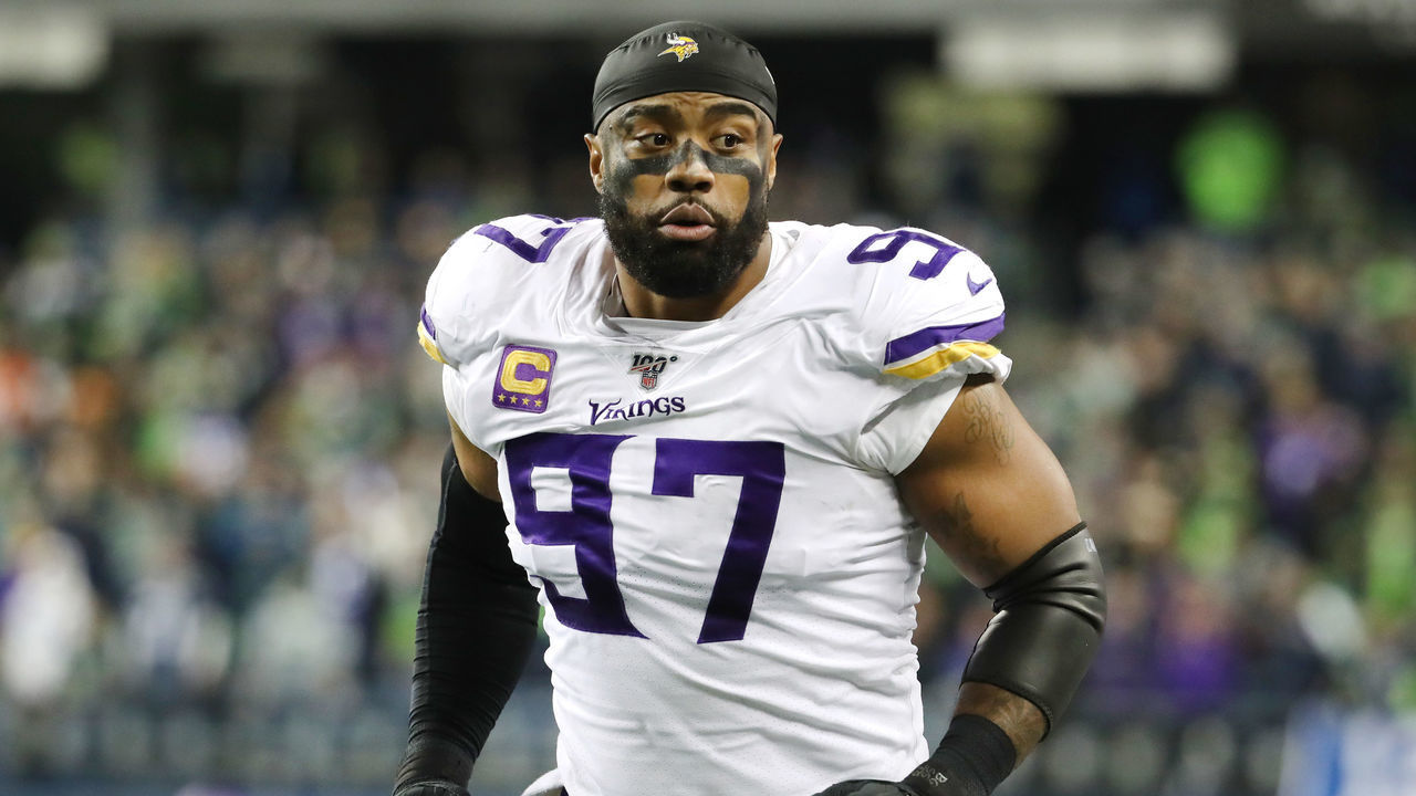 SEATTLE, WASHINGTON - DECEMBER 02: Everson Griffen #97 of the Minnesota Vikings reacts in the second quarter against the Seattle Seahawks during their game at CenturyLink Field on December 02, 2019 in Seattle, Washington.