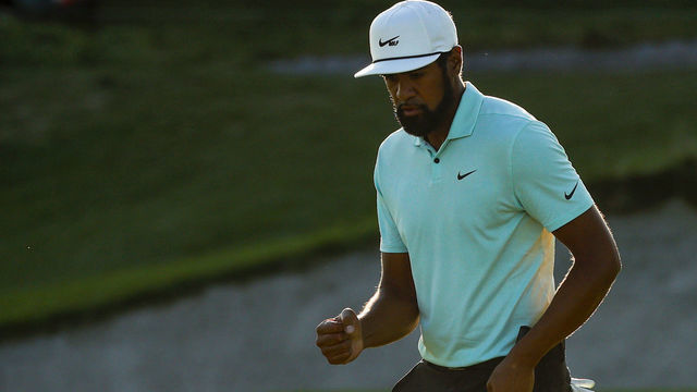 JERSEY CITY, NEW JERSEY - AUGUST 23: Tony Finau of the United States reacts after making his putt on the 18th green during the final round of THE NORTHERN TRUST, the first event of the FedExCup Playoffs, at Liberty National Golf Club on August 23, 2021 in Jersey City, New Jersey.