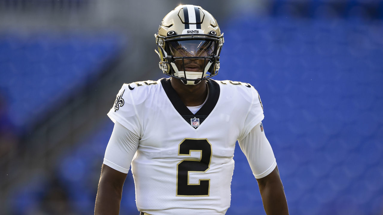 BALTIMORE, MD - AUGUST 14: Jameis Winston #2 of the New Orleans Saints warms up before a preseason game against the Baltimore Ravens at M&T Bank Stadium on August 14, 2021 in Baltimore, Maryland.