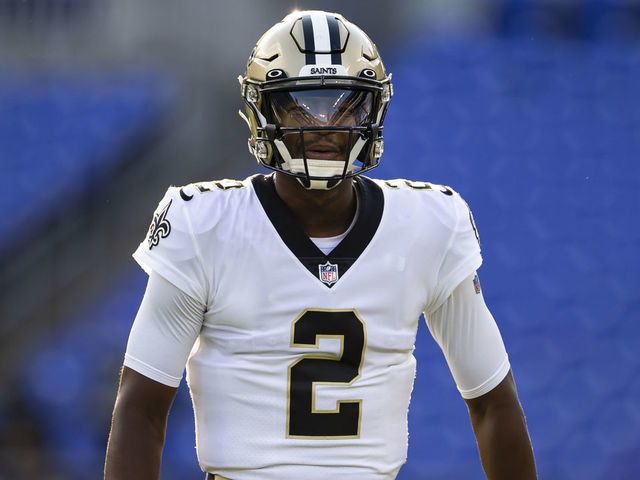 BALTIMORE, MD - AUGUST 14: Jameis Winston #2 of the New Orleans Saints warms up before a preseason game against the Baltimore Ravens at M&T Bank Stadium on August 14, 2021 in Baltimore, Maryland.