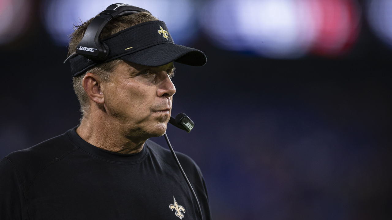 BALTIMORE, MD - AUGUST 14: Head coach Sean Payton of the New Orleans Saints looks on during the second half of a preseason game against the Baltimore Ravens at M&T Bank Stadium on August 14, 2021 in Baltimore, Maryland.