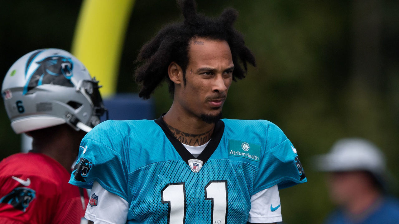 WESTFIELD, IN - AUGUST 13: Carolina Panthers wide receiver Robby Anderson (11) runs through a drill during the Indianapolis Colts and Carolina Panthers joint training camp practice on August 13, 2021 at Grand Park Sports Complex in Westfield, IN.