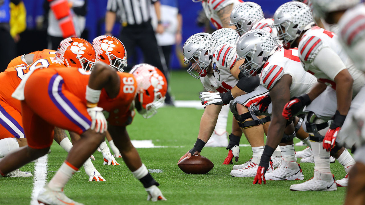 NEW ORLEANS, LOUISIANA - JANUARY 01: The Ohio State Buckeyes and the Clemson Tigers line up for a snap in the second half during the College Football Playoff semifinal game at the Allstate Sugar Bowl at Mercedes-Benz Superdome on January 01, 2021 in New Orleans, Louisiana.