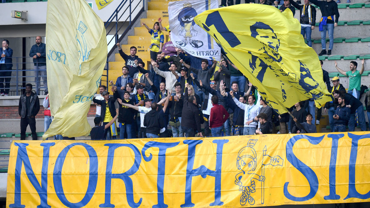VERONA, ITALY - MAY 04: Fans of Chievo Verona show their support during the Serie A match between Chievo Verona and SPAL at Stadio Marc'Antonio Bentegodi on May 04, 2019 in Verona, Italy.