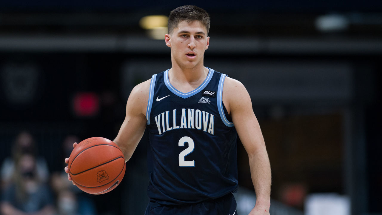 INDIANAPOLIS, IN - FEBRUARY 28: Villanova Wildcats guard Collin Gillespie (2) brings the ball up the court during the men's college basketball game between the Villanova Wildcats and Butler Bulldogs on February 28, 2021, at Hinkle Fieldhouse in Indianapolis, IN.