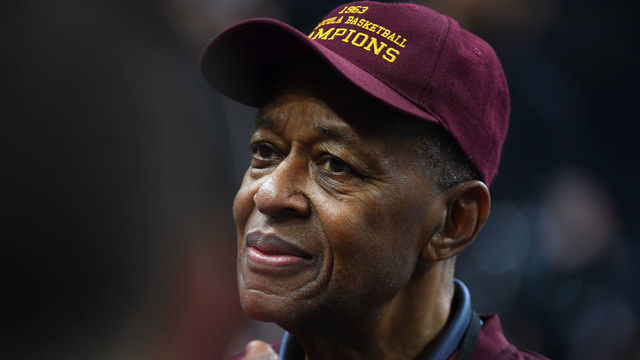 College Basketball: NCAA Final Four Preview: Closeup portrait of Loyola Chicago alumni Jerry Harkness on court during team practice session on eve of game vs Michigan at Alamodome. Harkness played on the school's lone national championship team in 1963. San Antonio, TX 3/30/2018 CREDIT: John W. McDonough (Set Number: X161839 TK1 )