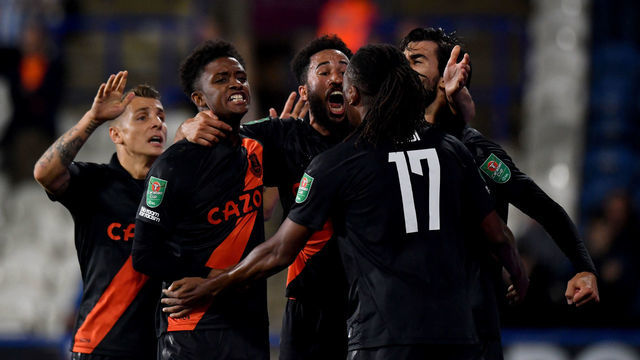 Evertons Andros Townsend celebrates after scoring his sides second goal during the Carabao Cup second round match at John Smiths' Stadium, Huddersfield. Picture date: Tuesday August 24, 2021.