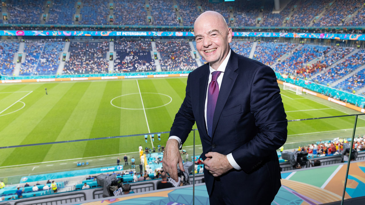 SAINT PETERSBURG, RUSSIA - JUNE 21: Gianni Infantino, a president of FIFA, poses ahead the UEFA Euro 2020 Championship Group B match between Finland and Belgium at Saint Petersburg Stadium on June 21, 2021 in Saint Petersburg, Russia.