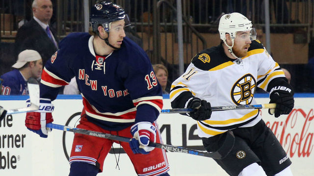 NEW YORK, NY - JANUARY 11: Jimmy Hayes #11 of the Boston Bruins skates against his brother Kevin Hayes #13 of the New York Rangers at Madison Square Garden on January 11, 2016 in New York City.