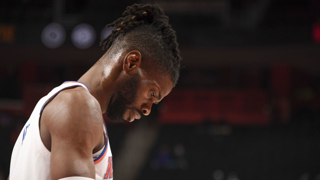 DETROIT, MI - APRIL 3: Nerlens Noel #3 of the New York Knicks looks on during the game against the Detroit Pistons on April 3, 2021 at Little Caesars Arena in Detroit, Michigan. NOTE TO USER: User expressly acknowledges and agrees that, by downloading and/or using this photograph, User is consenting to the terms and conditions of the Getty Images License Agreement. Mandatory Copyright Notice: Copyright 2021 NBAE
